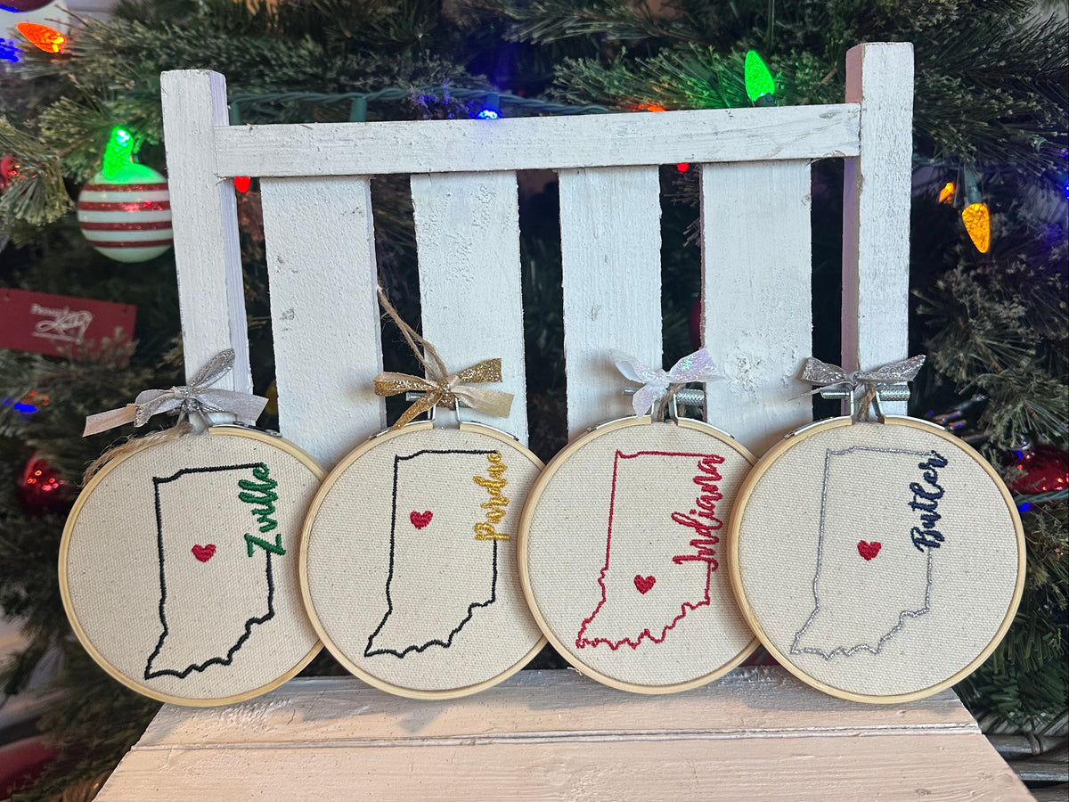 Embroidery Indiana State Outline Ornament (Personalization Available)