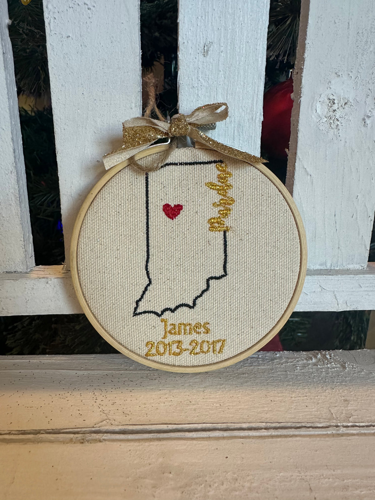 Embroidery Indiana State Outline Ornament (Personalization Available)