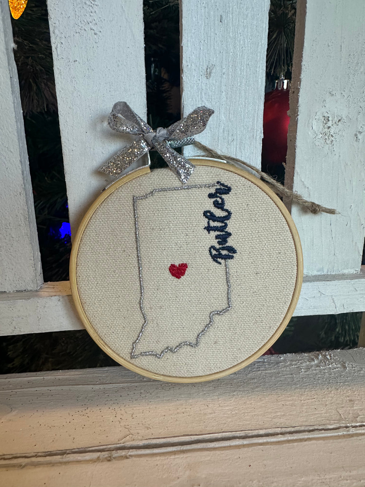 Embroidery Indiana State Outline Ornament (Personalization Available)