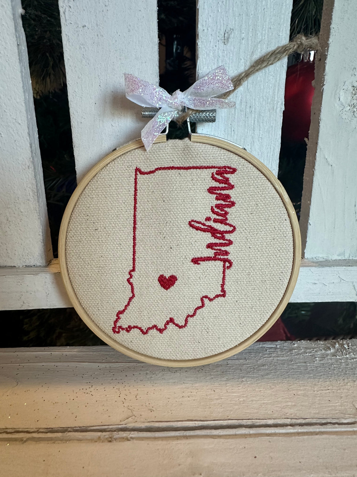Embroidery Indiana State Outline Ornament (Personalization Available)