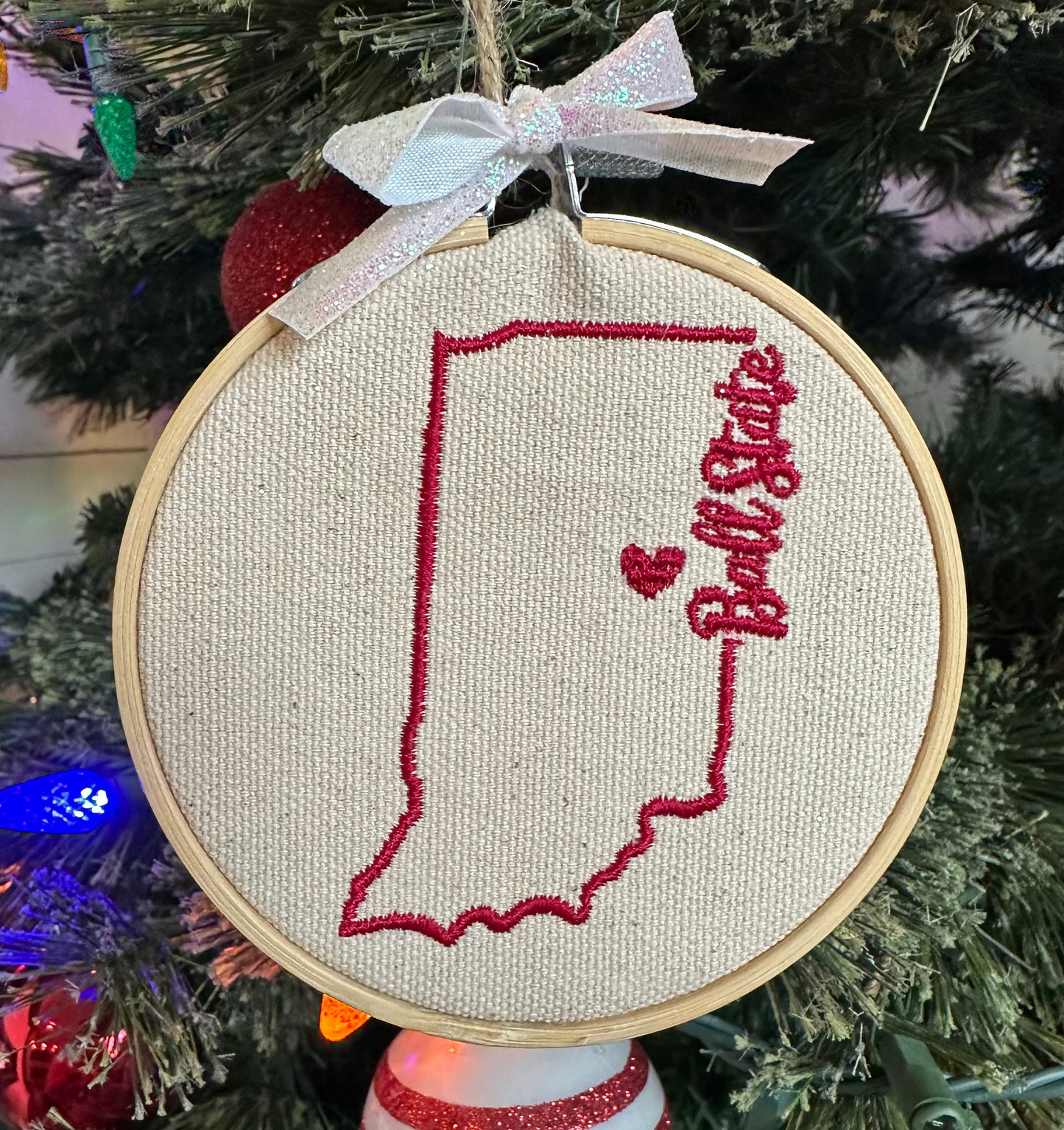 Embroidery Indiana State Outline Ornament (Personalization Available)